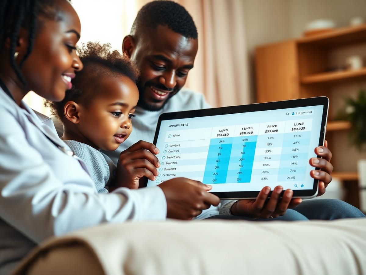 Une famille compare les prix des analyses médicales sur un tableau numérique