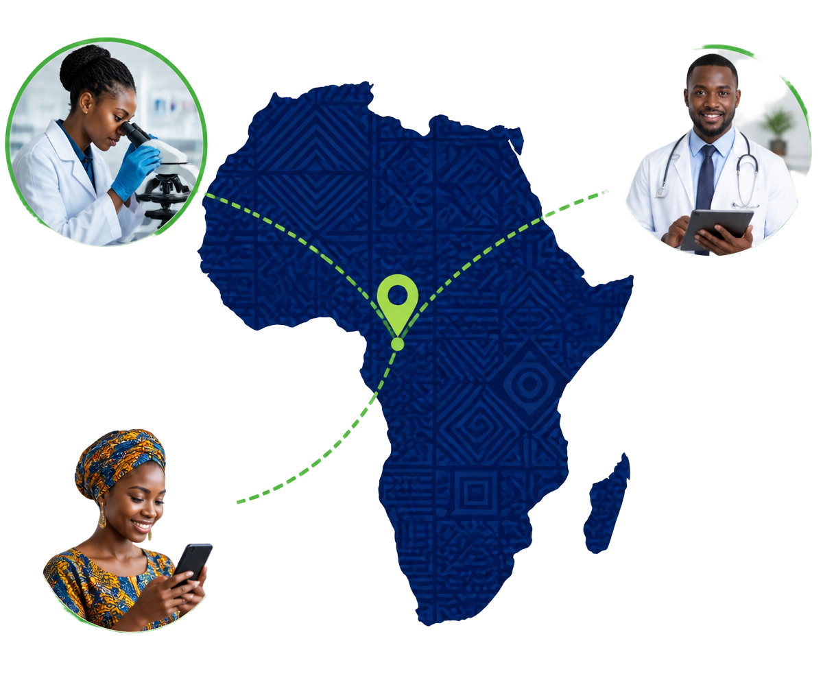 Carte de l'Afrique reliant patients, médecins et laboratoires LabFiable
